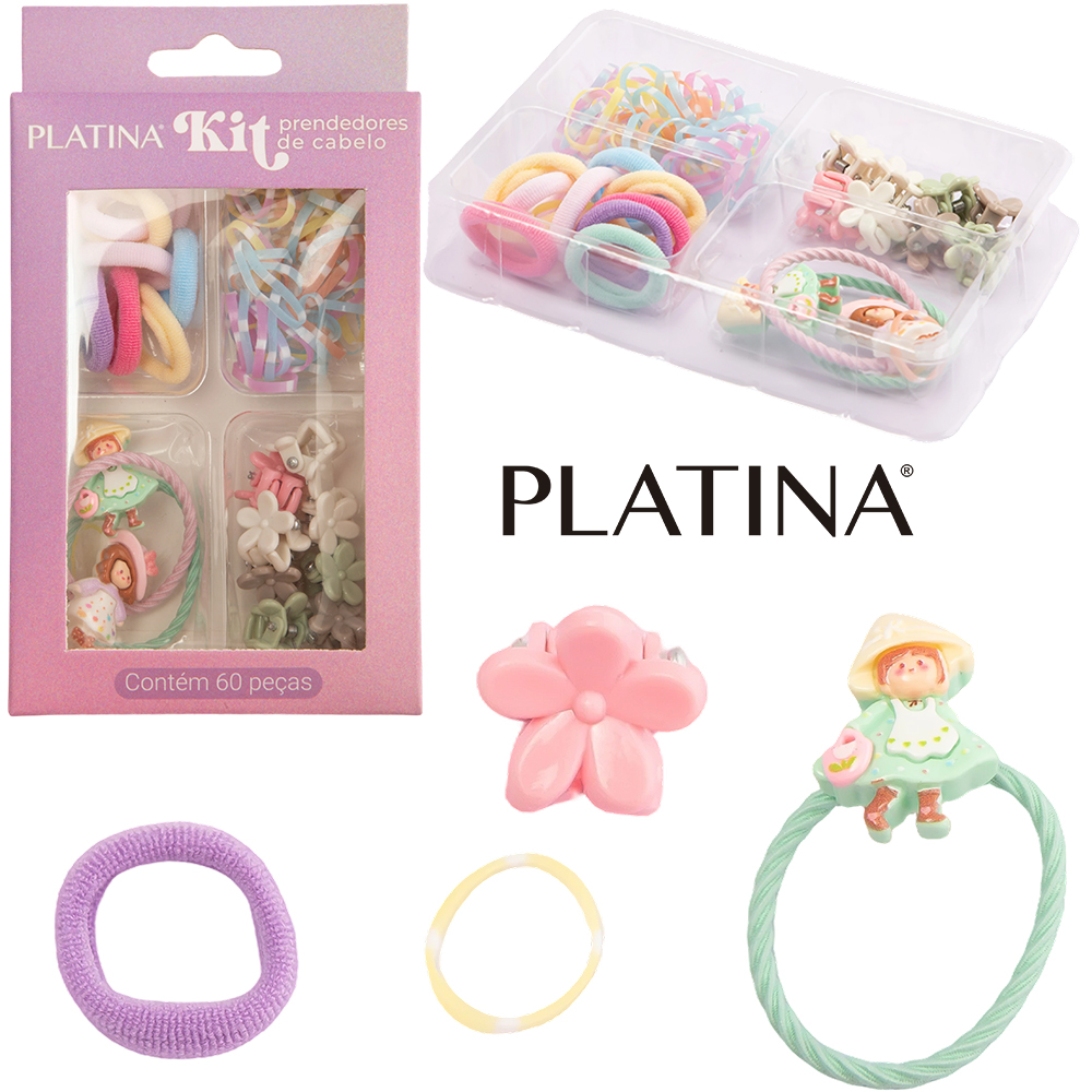 KIT ACESSORIOS PARA CABELO ELASTICO / RABICO + MINI PIRANHA PLATINA 60 PECAS