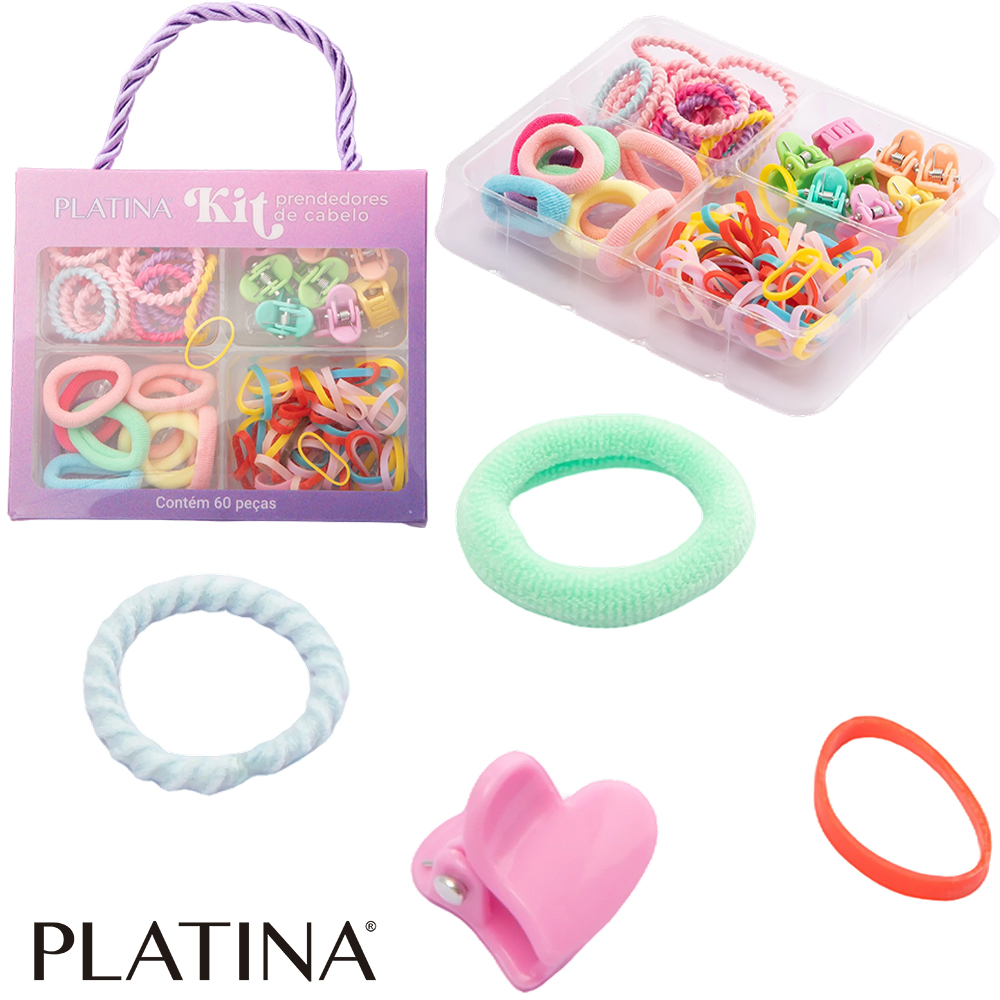 KIT ACESSORIOS PARA CABELO ELASTICO / RABICO + MINI PIRANHA PLATINA 60 PECAS