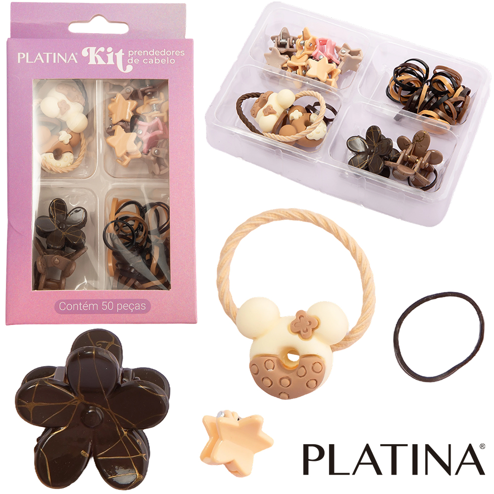 KIT ACESSORIOS PARA CABELO ELASTICO / RABICO + MINI PIRANHA PLATINA 50 PECAS