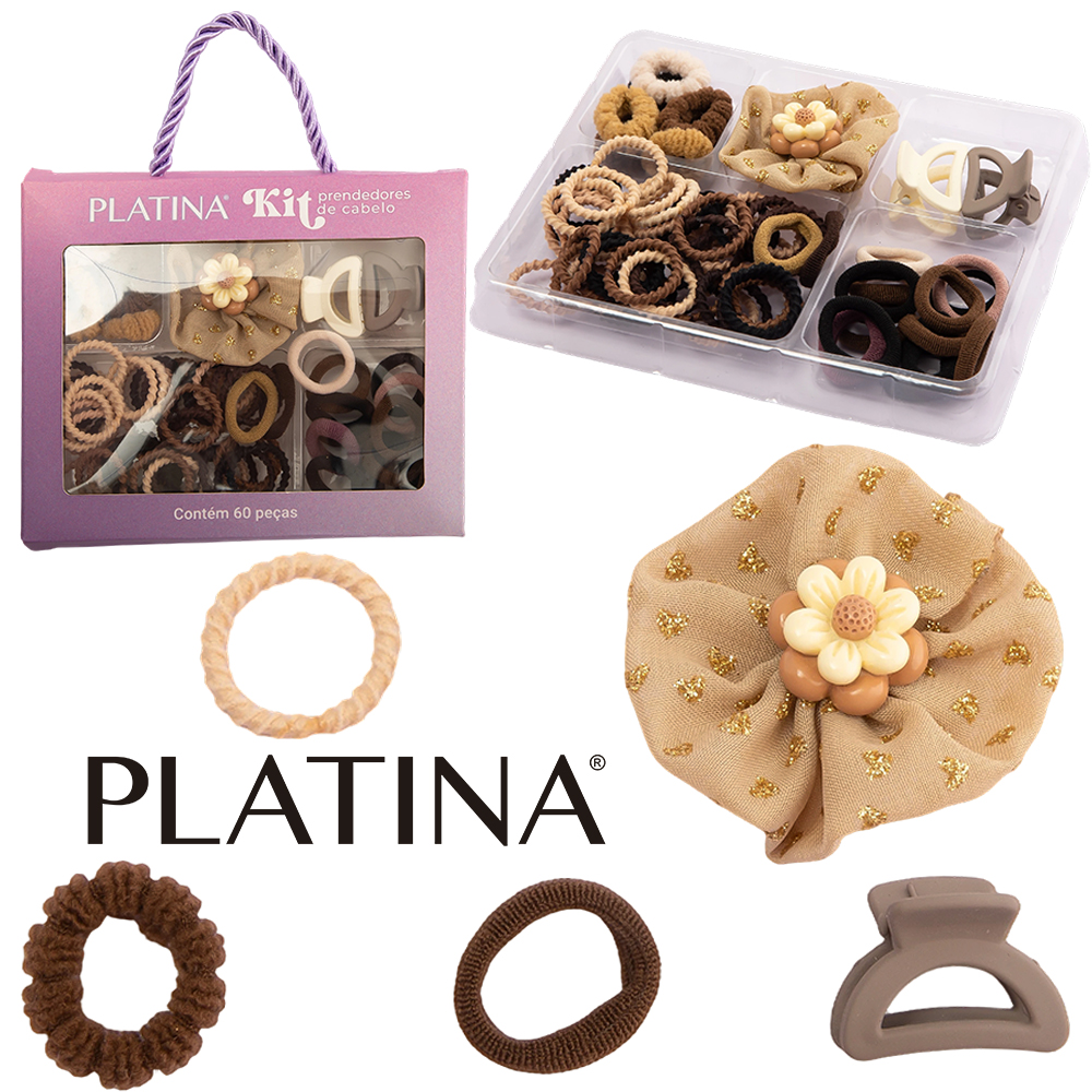 KIT ACESSORIOS PARA CABELO ELASTICO / RABICO + PRESILHA E MINI PIRANHA PLATINA 60 PECAS