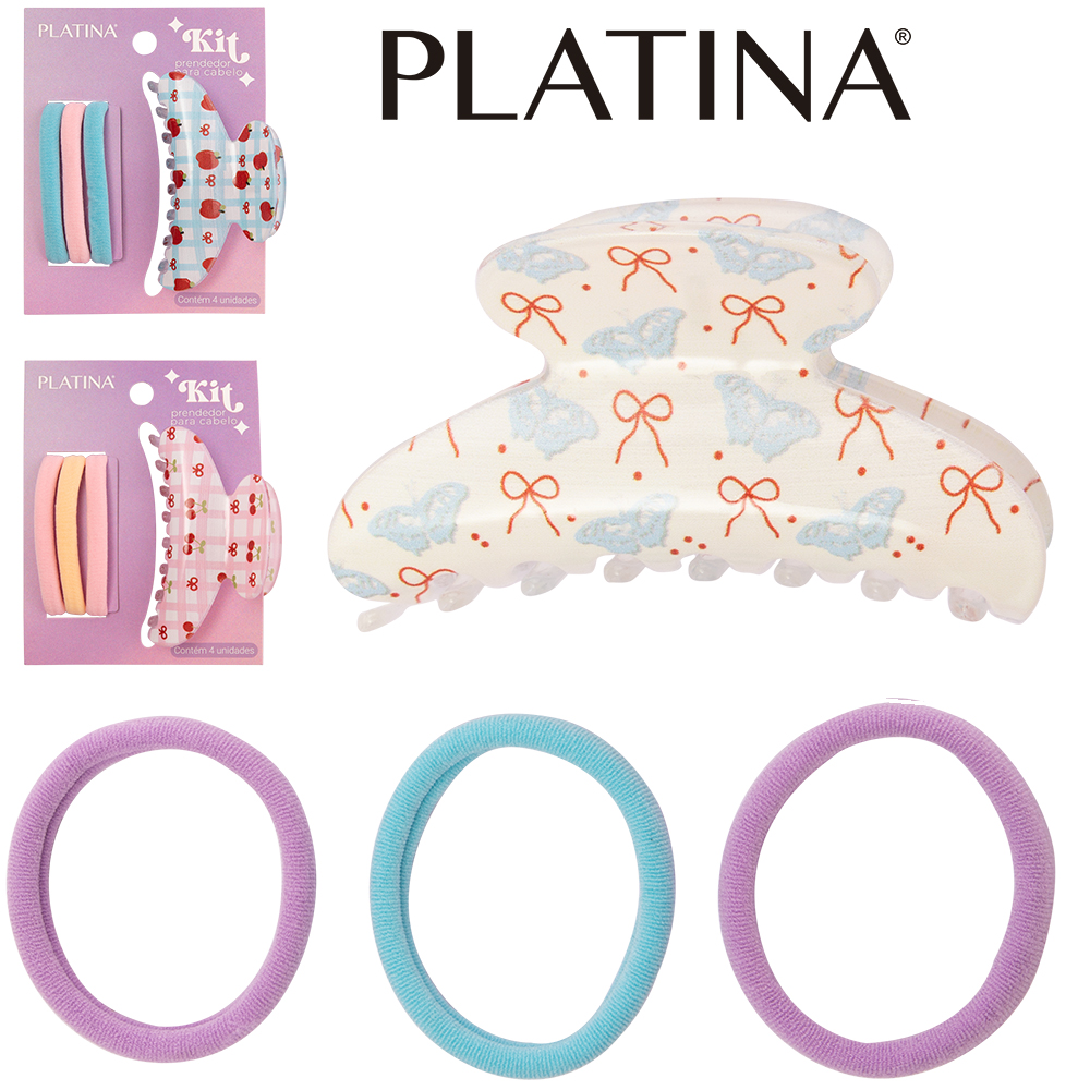 KIT ACESSORIOS PARA CABELO ELASTICO / RABICO + PIRANHA PLATINA 4 PECAS