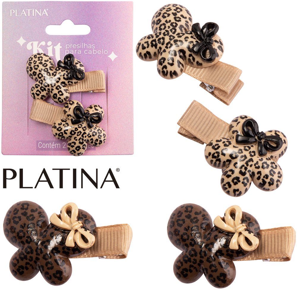 KIT ACESSORIOS PAR CABELO PRESILHA BORBOLETA E FLOR COM LACO PLATINA 2 PECAS 4X2,5X1CM