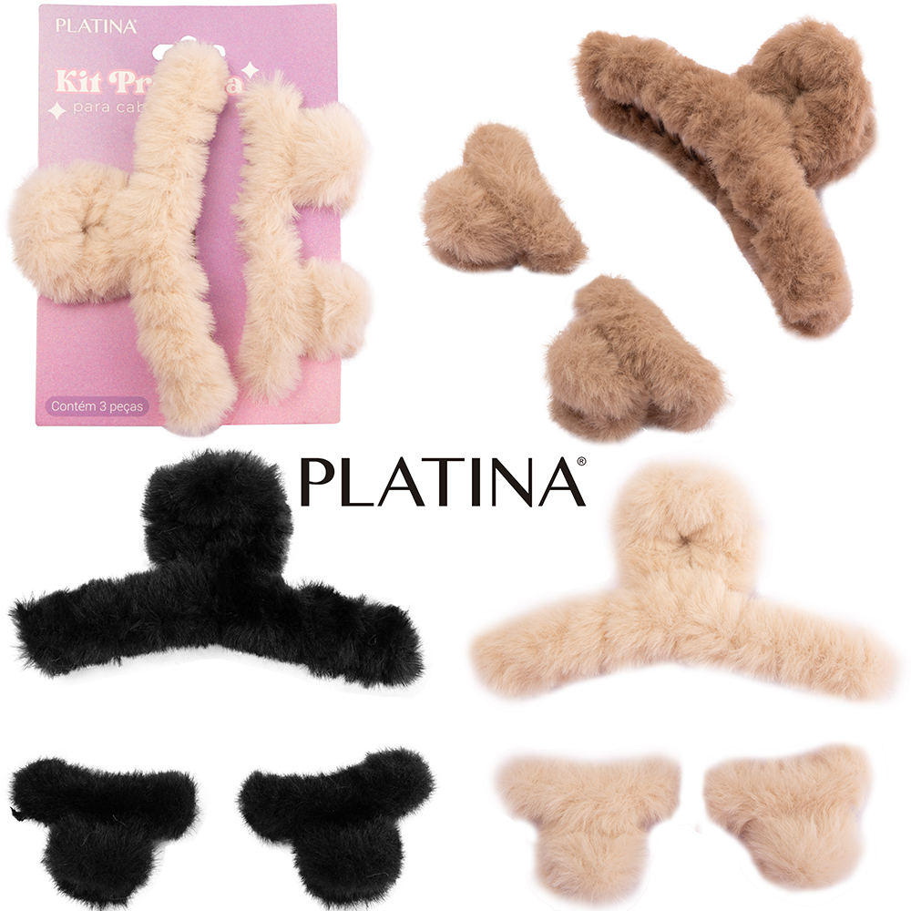 KIT ACESSORIOS PARA CABELO PIRANHA DE PELUCIA PLATINA COM 3 PECAS 11X6X4,5/5,5X4X3CM