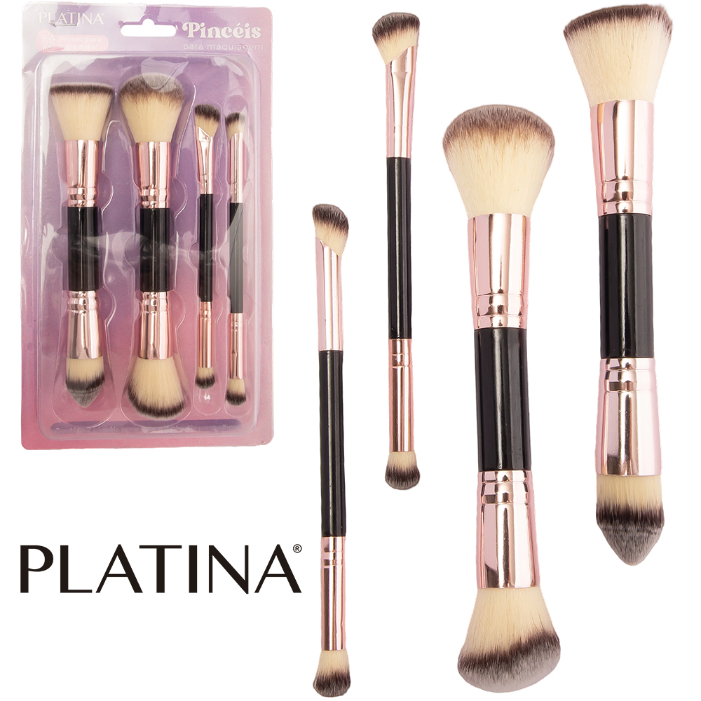 PINCEL PARA MAKE / MAQUIAGEM DUPLO PLATINA 4 PECAS