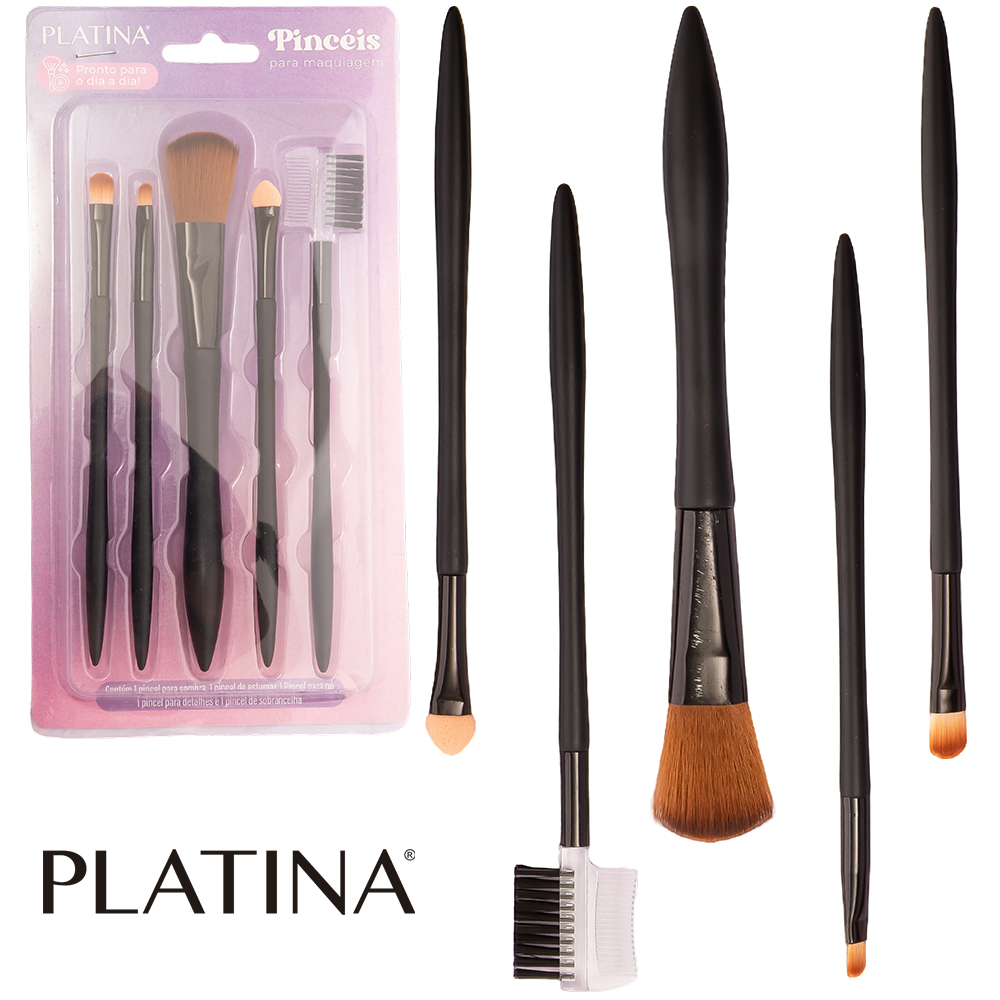 PINCEL PARA MAKE / MAQUIAGEM E ACESSORIOS PLATINA COM 5 PECAS