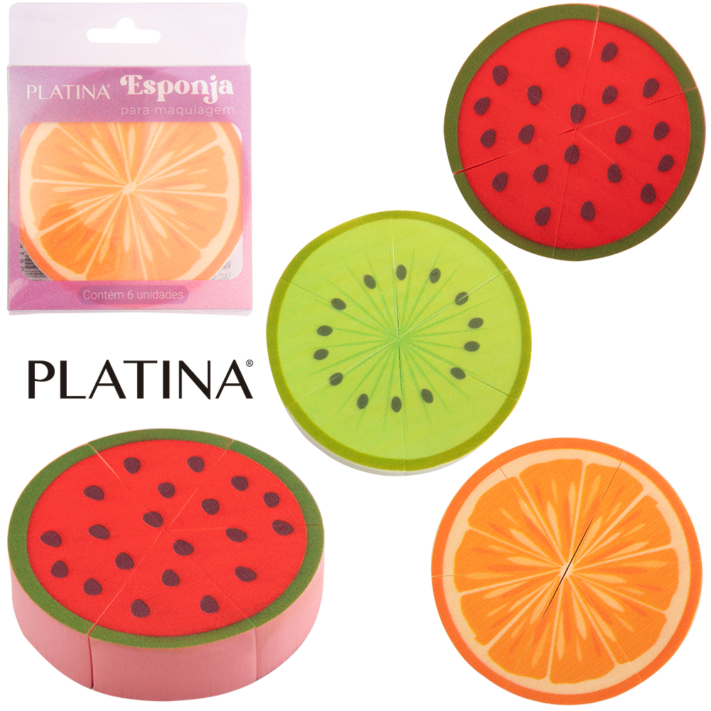 ESPONJA PARA MAQUIAGEM TRIANGULAR FRUTA PLATINA COM 6 PECAS 4X4X1,8CM 
