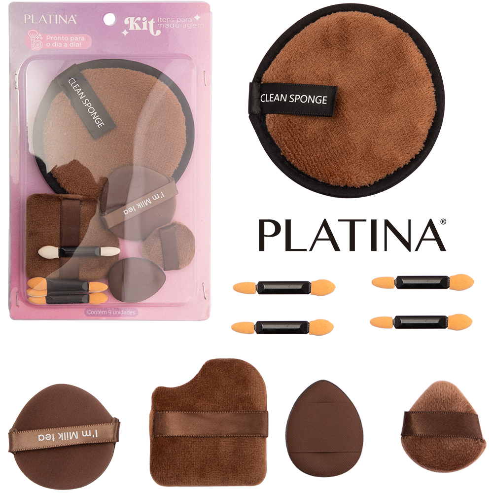 PINCEL DUPLO COM ESPONJA PARA MAKE / MAQUIAGEM PLATINA 9 PECAS