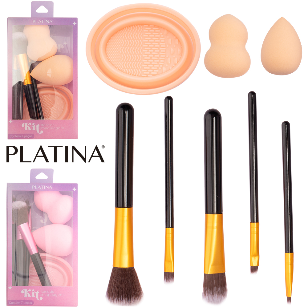 PINCEL COM ESPONJA GOTA PARA MAKE / MAQUIAGEM + LIMPADOR DE SILICONE PLATINA 7 PECAS