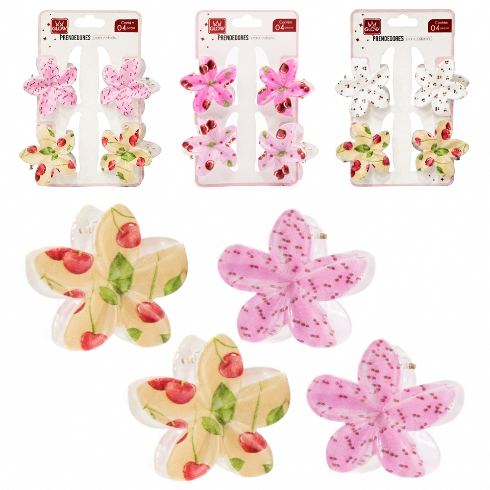 KIT ACESSORIOS PARA CABELO PIRANHA FLOR COM 4 PECAS 4X2,5CM