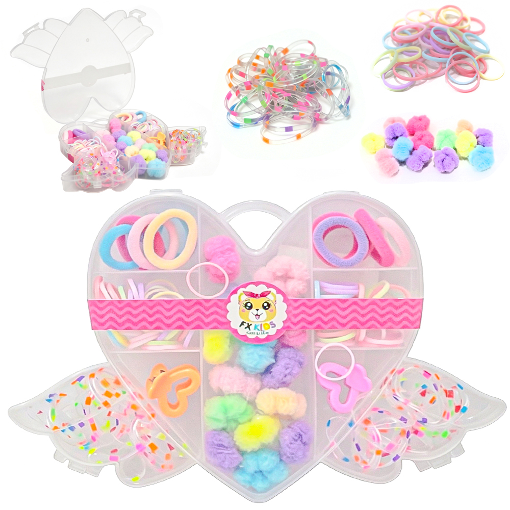 KIT ACESSORIOS PARA CABELO ELASTICO / RABICO + MINI PIRANHA NO ESTOJO CORACAO