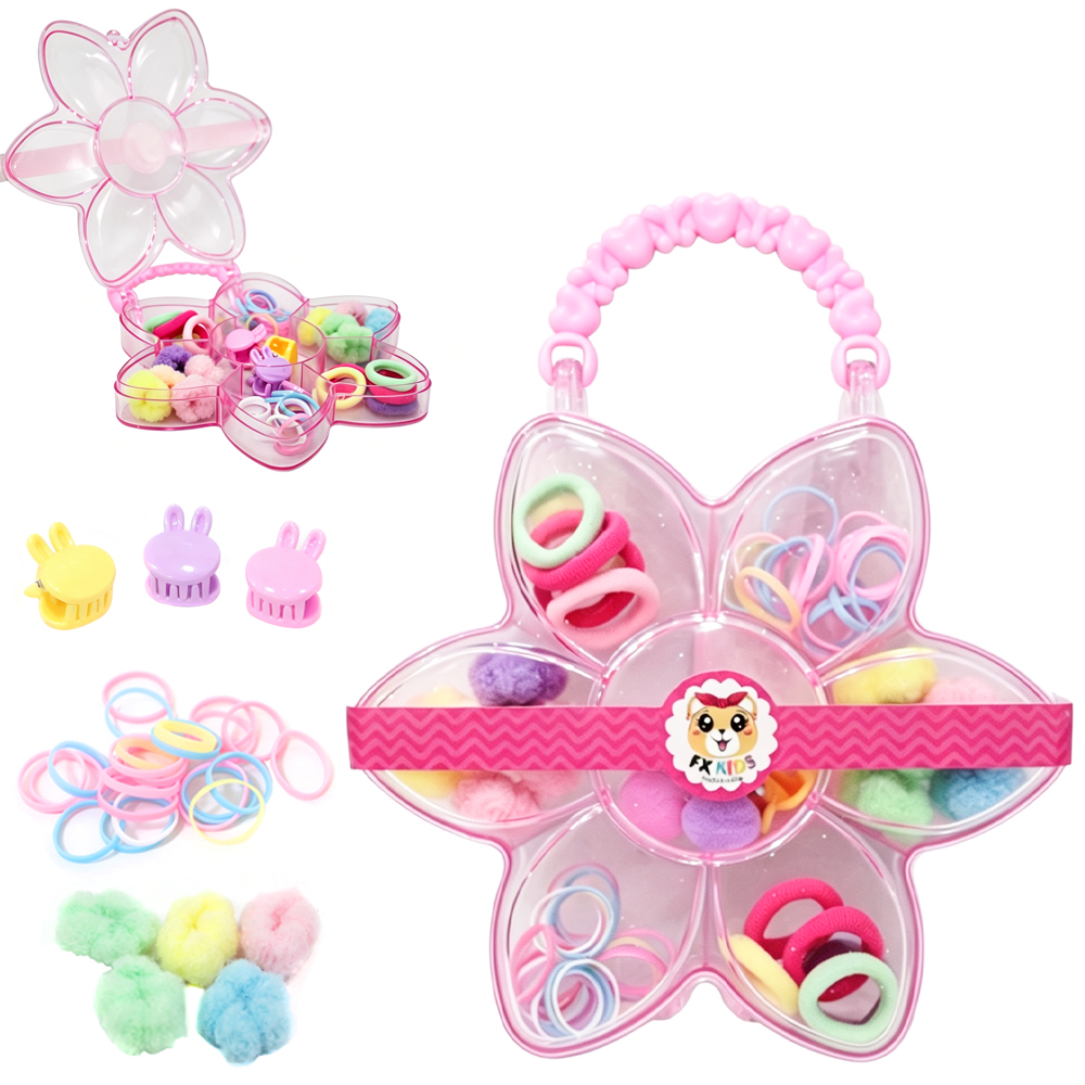 KIT ACESSORIOS PARA CABELO ELASTICO / RABICO + MINI PIRANHA NO ESTOJO FLOR