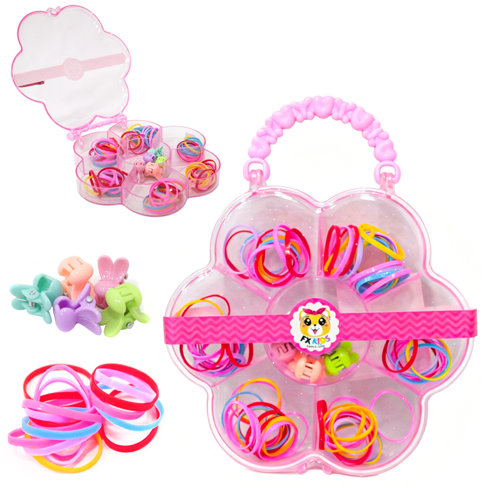 KIT ACESSORIOS PARA CABELO ELASTICO / RABICO + MINI PIRANHA NO ESTOJO FLOR