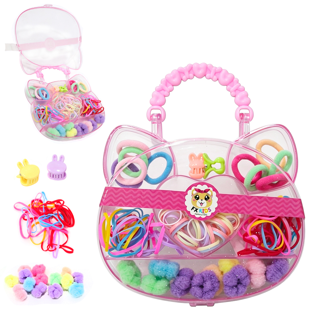 KIT ACESSORIOS PARA CABELO ELASTICO / RABICO + MINI PIRANHA NO ESTOJO GATINHO