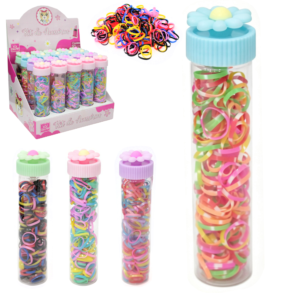 KIT ACESSORIOS PARA CABELO ELASTICO / RABICO DE SILICONE COM 100 PECAS 1,5CM DE Ø NO POTE FLOR