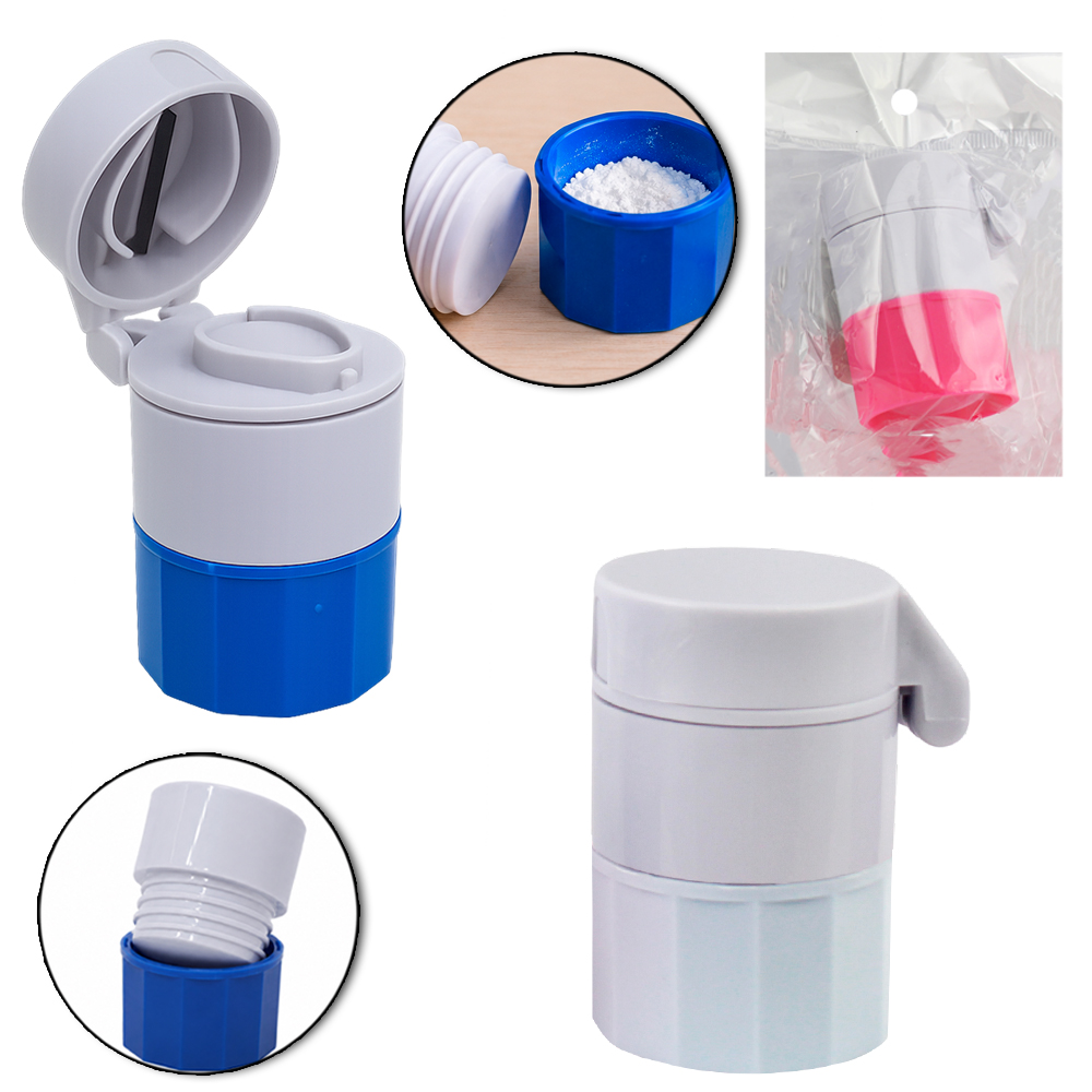 PORTA COMPRIMIDO DE PLASTICO REDONDO COM 2 COMPARTIMENTOS MOVEL + CORTADOR E AMASSADOR 6,5X5X4CM DE Ø 