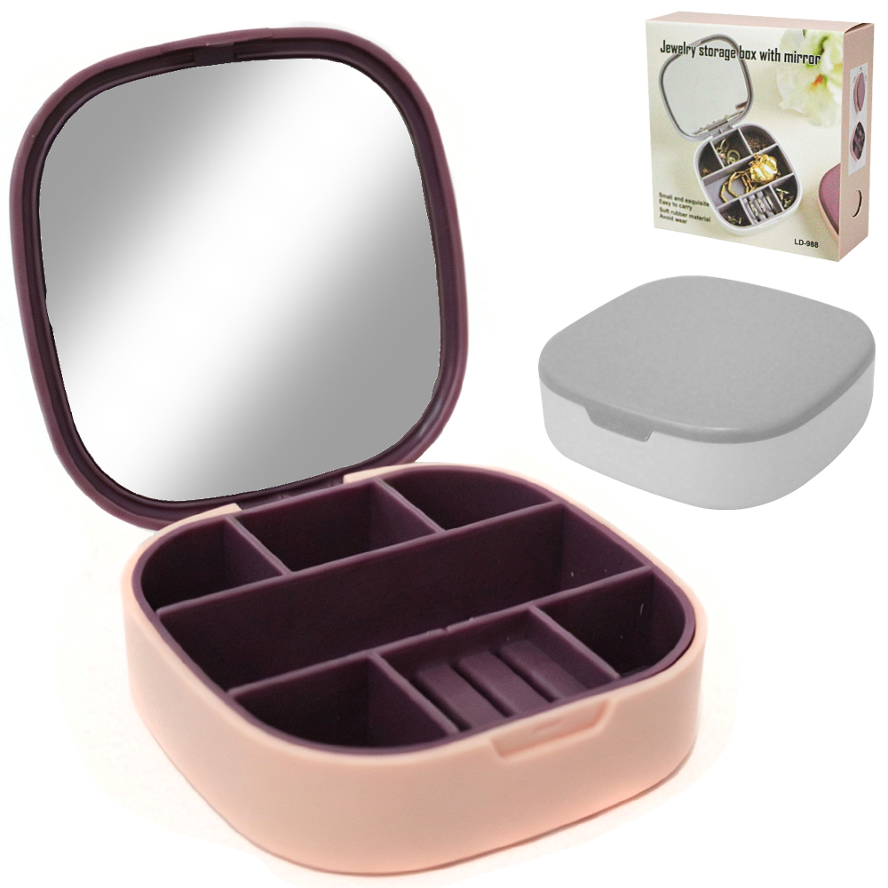 ESTOJO PORTA JOIAS DE PLASTICO / SILICONE QUADRADO COM ESPELHO + 7 DIVISORIAS 10X3CM