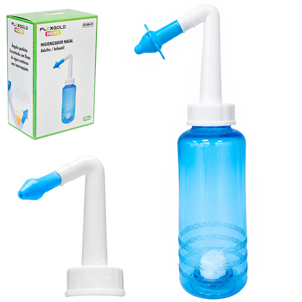 HIGIENIZADOR NASAL ADULTO / INFANTIL PLASTICO COM VALVULA DE CONTROLE DE SAIDA DE AGUA + 2 BICOS FLEXGOLD HOME