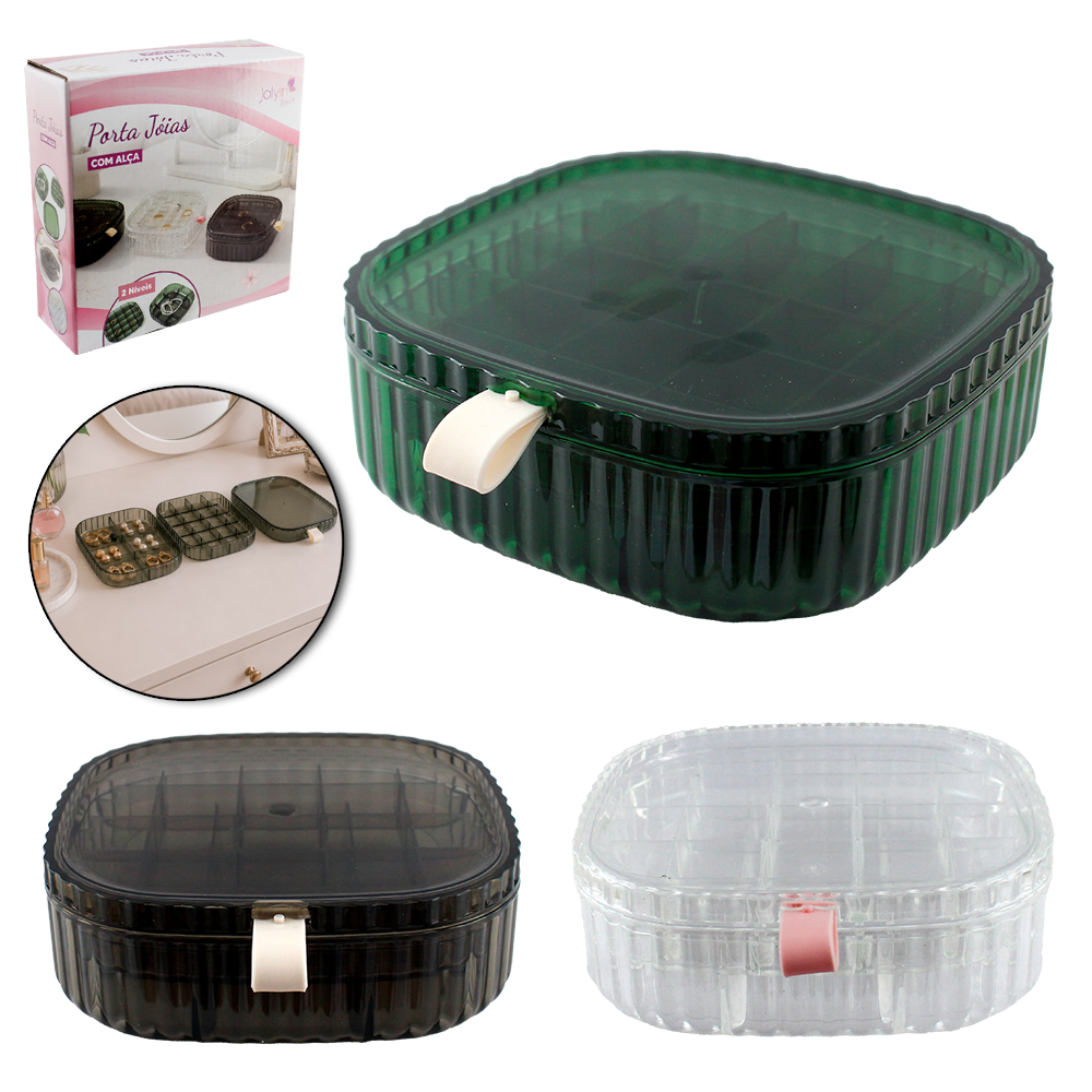 ESTOJO PORTA JOIAS DE ACRILICO QUADRADO DUPLO 34 CAVIDADES + TAMPA E ALCA SILICONE JOLYIN BEAUTY 15X5CM