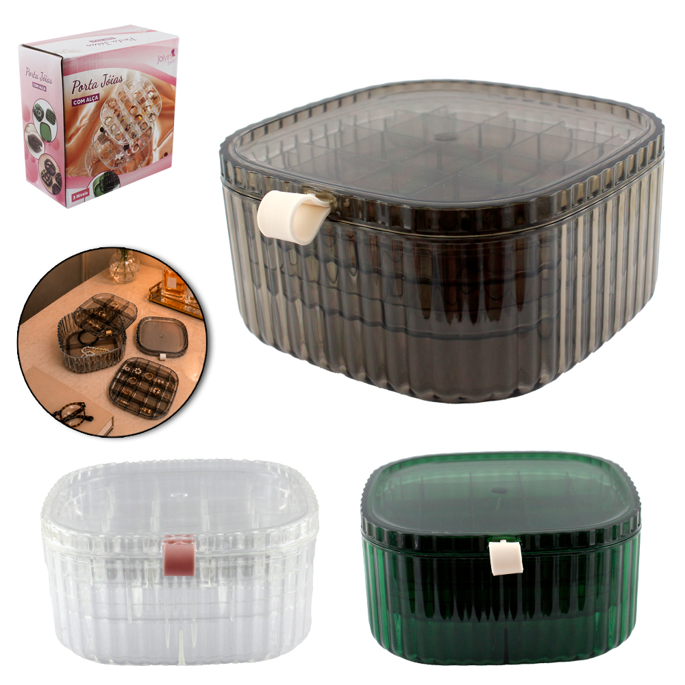 ESTOJO PORTA JOIAS ACRILICO QUADRADO TRIPLO 36 CAVIDADES + TAMPA E ALCA SILICONE JOLYIN BEAUTY 15X7,5CM