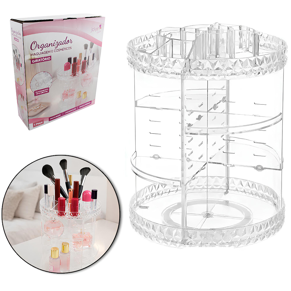 ORGANIZADOR PORTA JOIAS / MAQUIAGEM E COSMETICOS DE ACRILICO COM BASE GIRATORIO JOLYIN BEAUTY 33X24,3CM DE Ø