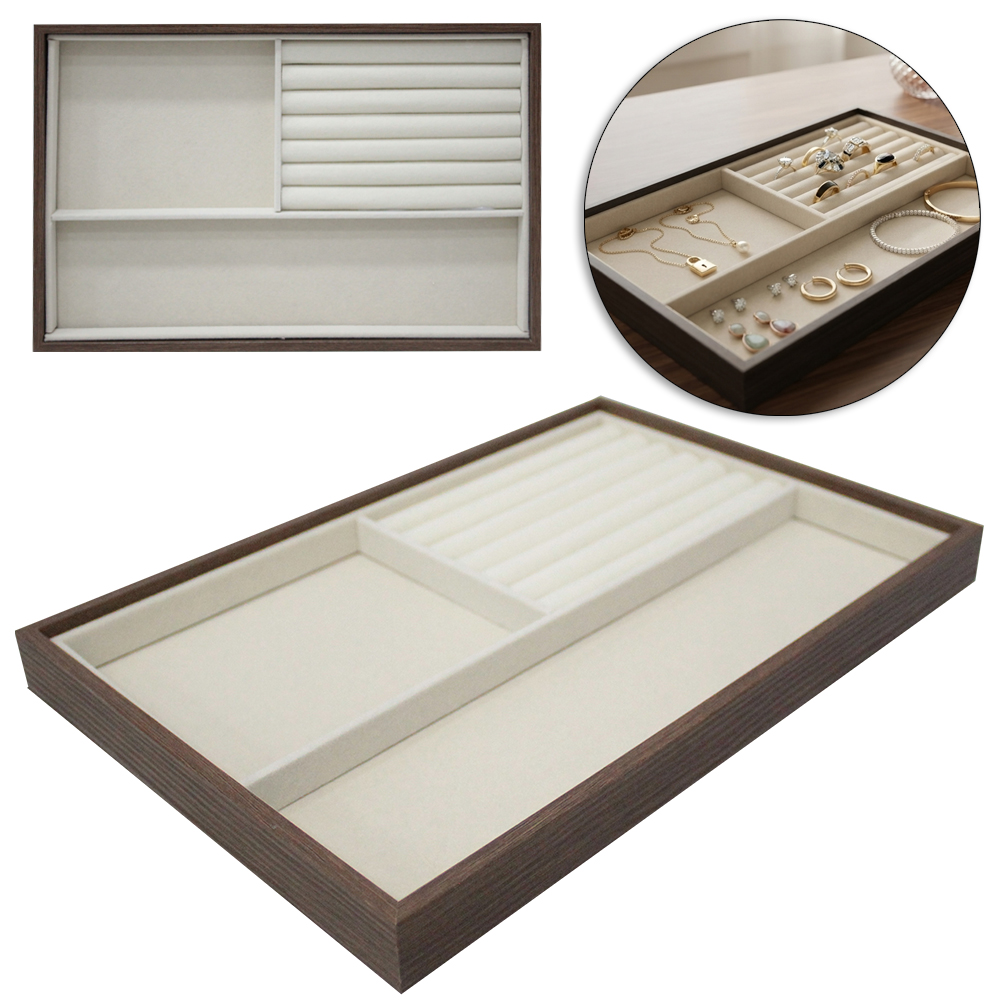 BANDEJA PORTA JOIAS DE MADEIRA MDF E POLIESTER AVELUDADO RETANGULAR COM 2 DIVISORIAS 30,5X20X2,5CM