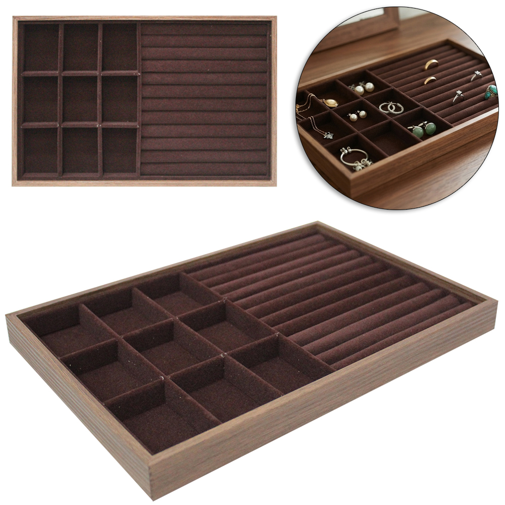 BANDEJA PORTA JOIAS DE MADEIRA MDF E POLIESTER AVELUDADO RETANGULAR COM 9 DIVISORIAS 30,5X20X2,5CM