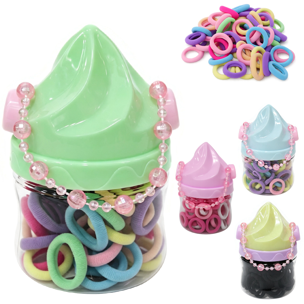 KIT ACESSORIOS PARA CABELO ELASTICO / RABICO COM 50 PECAS 2CM DE Ø NO POTE SORVETE