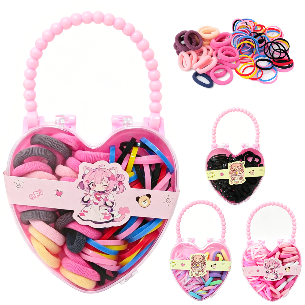 KIT ACESSORIOS PARA CABELO ELASTICO / RABICO COM 100 PECAS 2CM DE Ø NO ESTOJO CORACAO