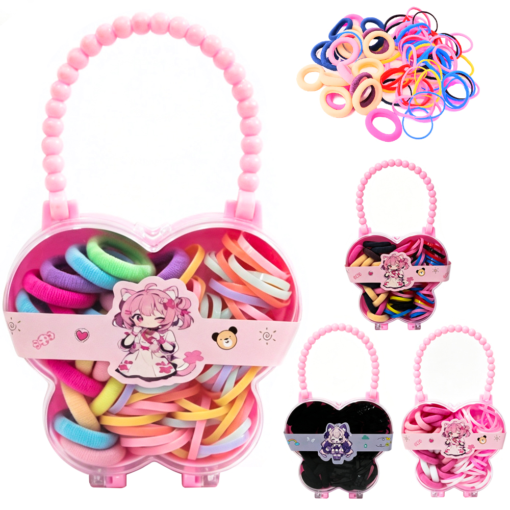 KIT ACESSORIOS PARA CABELO ELASTICO / RABICO COM 100 PECAS 2CM DE Ø NO ESTOJO BORBOLETA