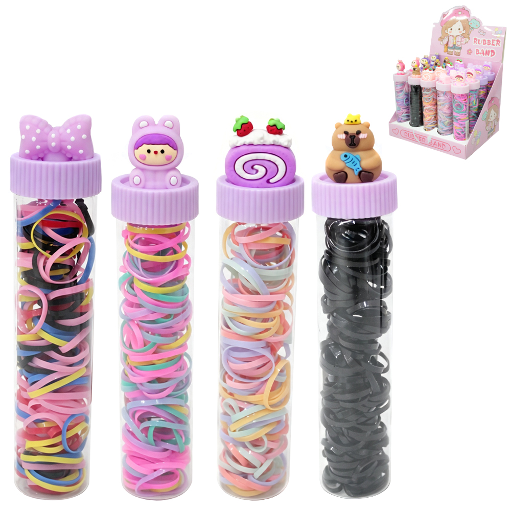 KIT ACESSORIOS PARA CABELO ELASTICO / RABICO DE SILICONE COM 150 PECAS 2CM DE Ø NO TUBO DP PLAY