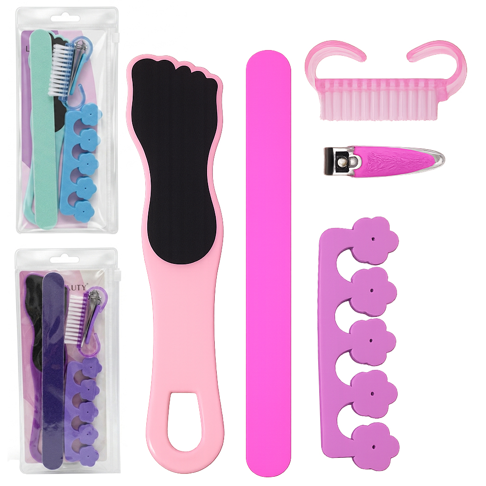 KIT MANICURE / PEDICURE 2 LIXAS + CORTADOR DE UNHA EMBORRACHADO + ESCOVA DE UNHA + SEPARADOR DEDO NA BOLSA 