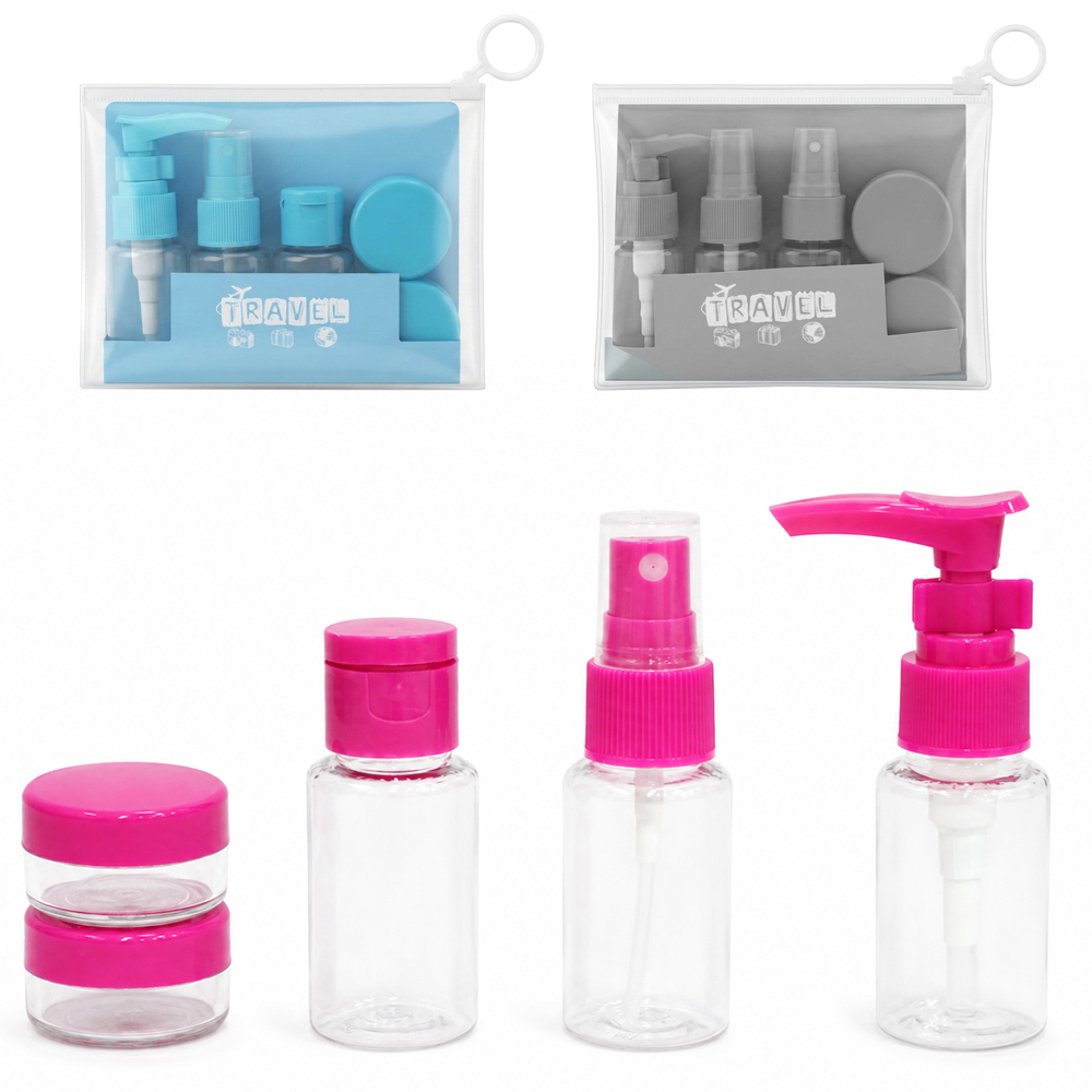 KIT FRASCO DE PLASTICO PARA VIAGEM + MINI POTE PORTA CREME 5 PECAS NA BOLSA 