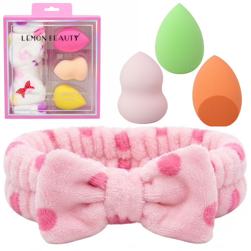 FAIXA SKINCARE PARA CABELO DE POLIESTER COM LACO + 3 ESPONJAS PARA MAQUIAGEM GOTA LEMON BEAUTY 7X19/6X4CM 