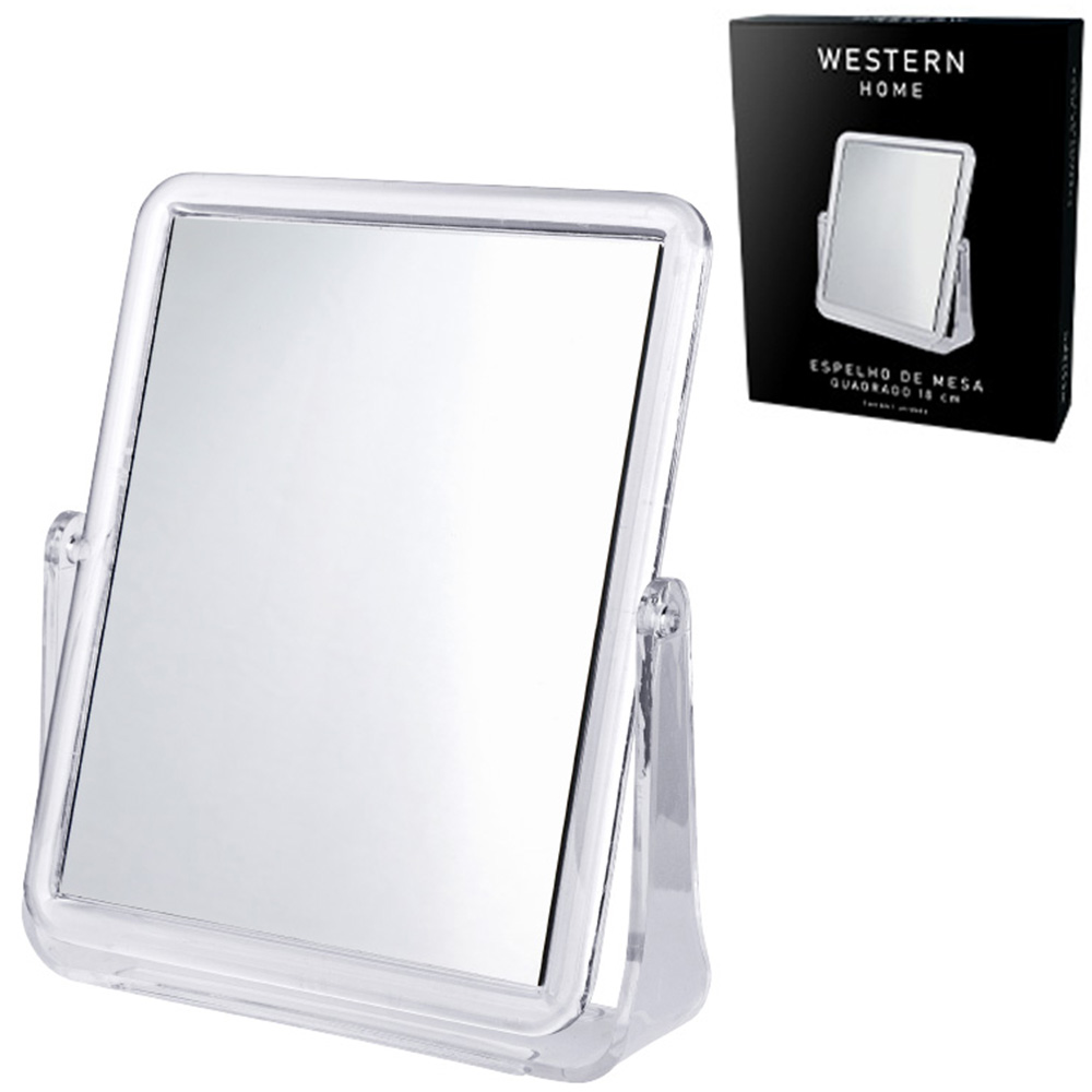 ESPELHO DE MESA RETANGULAR DUPLA FACE COM PEDESTAL DE ACRILICO 18X15CM