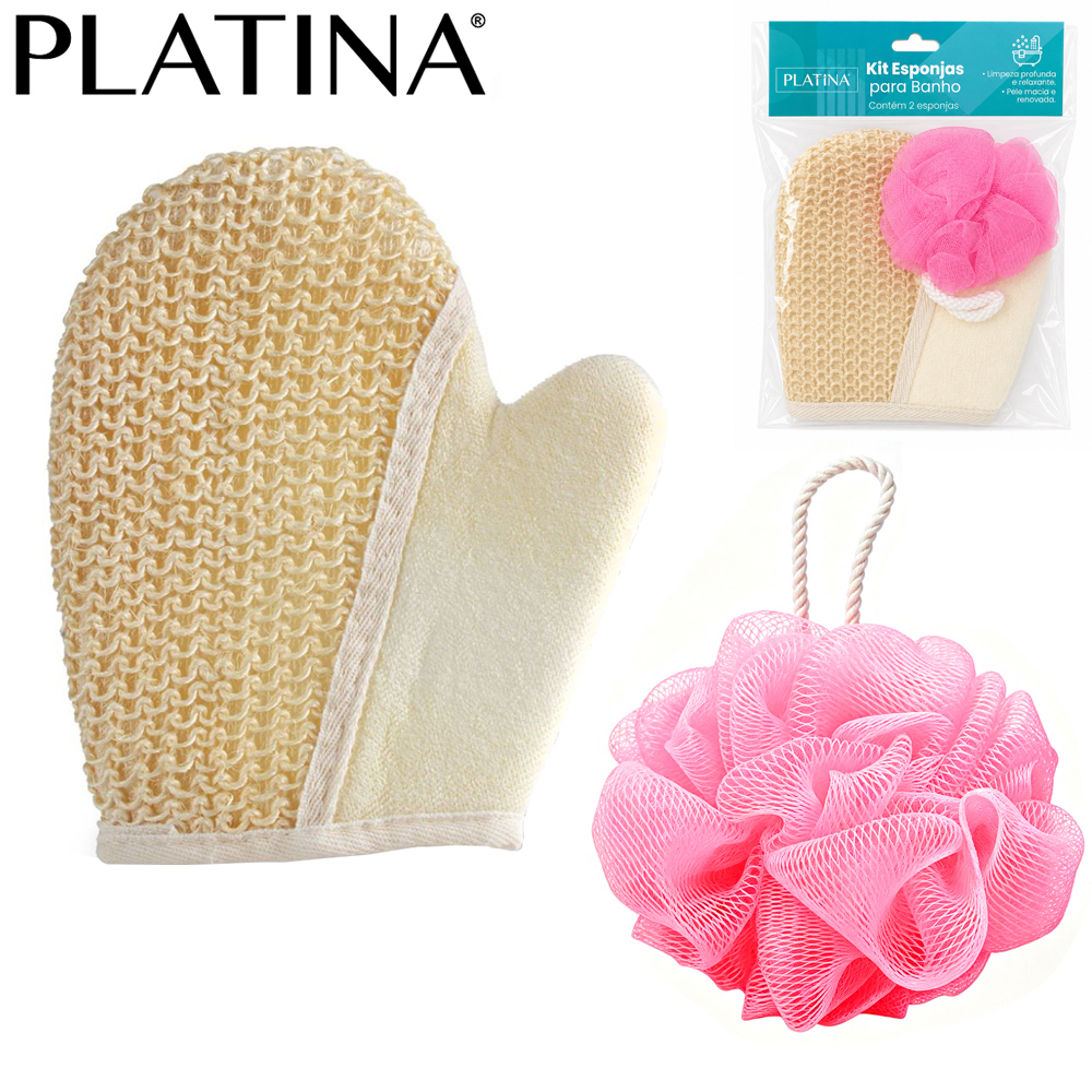 LUVA DUPLA FACE + ESPONJA / BUCHA DE NYLON PARA BANHO PLATINA COM 2 PECAS 