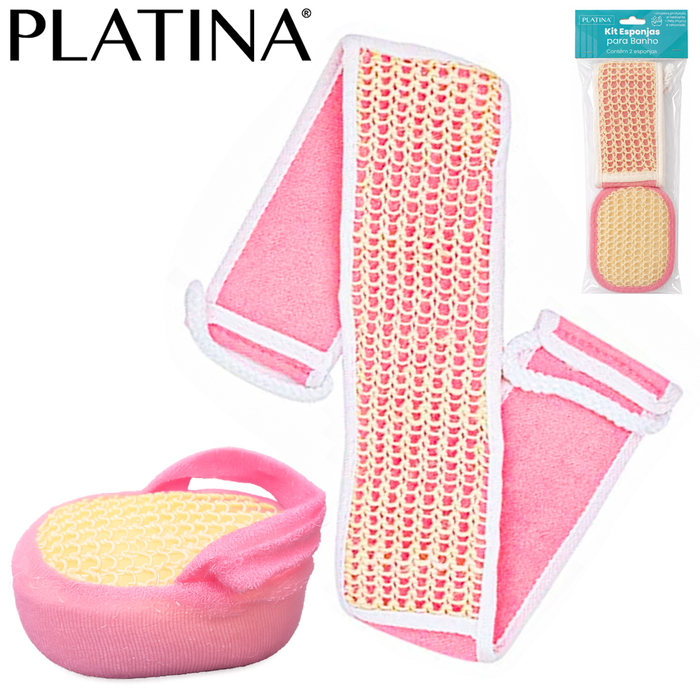 ESPONJA / BUCHA DE ESPUMA REVESTIDO DE PALHA E POLIESTER PARA BANHO PLATINA COM 2 PECAS 