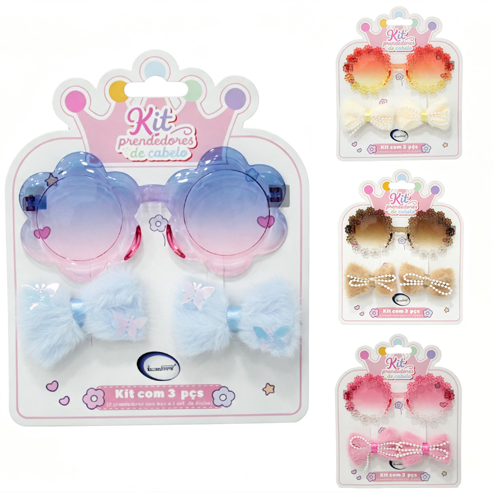 KIT BELEZA INFANTIL COM OCULOS FLOR + 2 ACESSORIOS PARA CABELO PRESILHA LACO