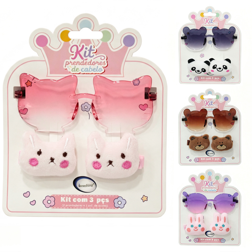 KIT BELEZA INFANTIL COM OCULOS + 2 ACESSORIOS PARA CABELO PRESILHA