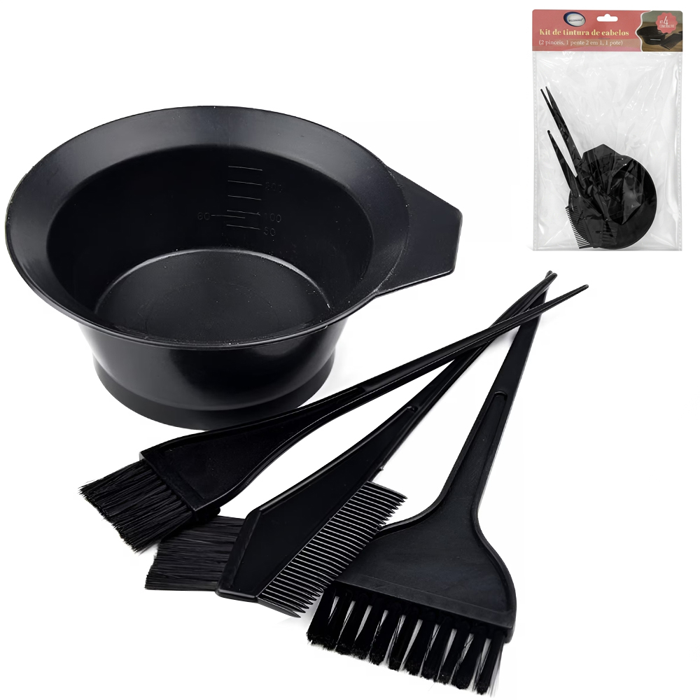 KIT TINTURA PARA CABELO COM POTE 300ML + PINCEL E PENTE 4 PECAS