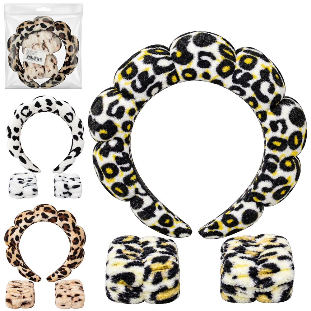 TIARA DE PELUCIA NUVEM ONCA + 2 MUNHEQUEIRAS