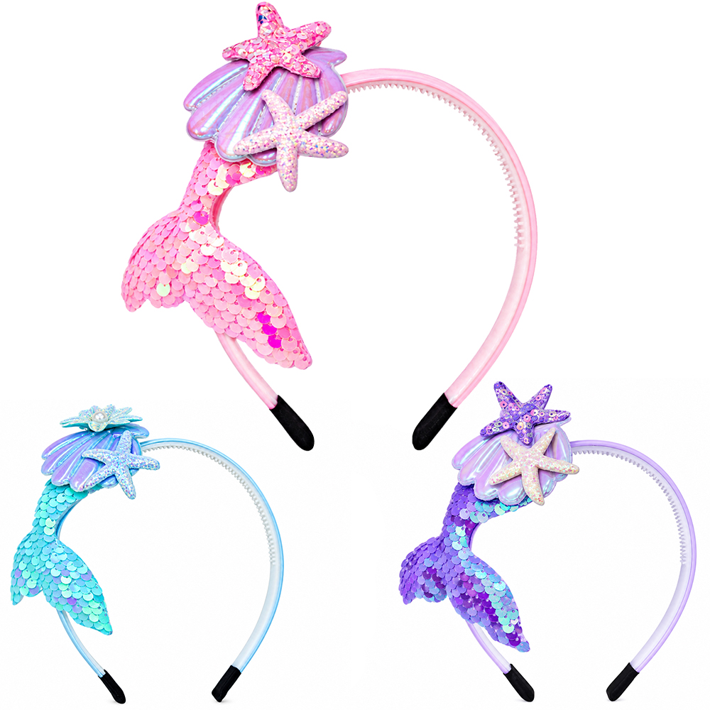 TIARA INFANTIL SEREIA COM LANTEJOULA MAGICA + CONCHA E 2 ESTRELAS 16X13CM