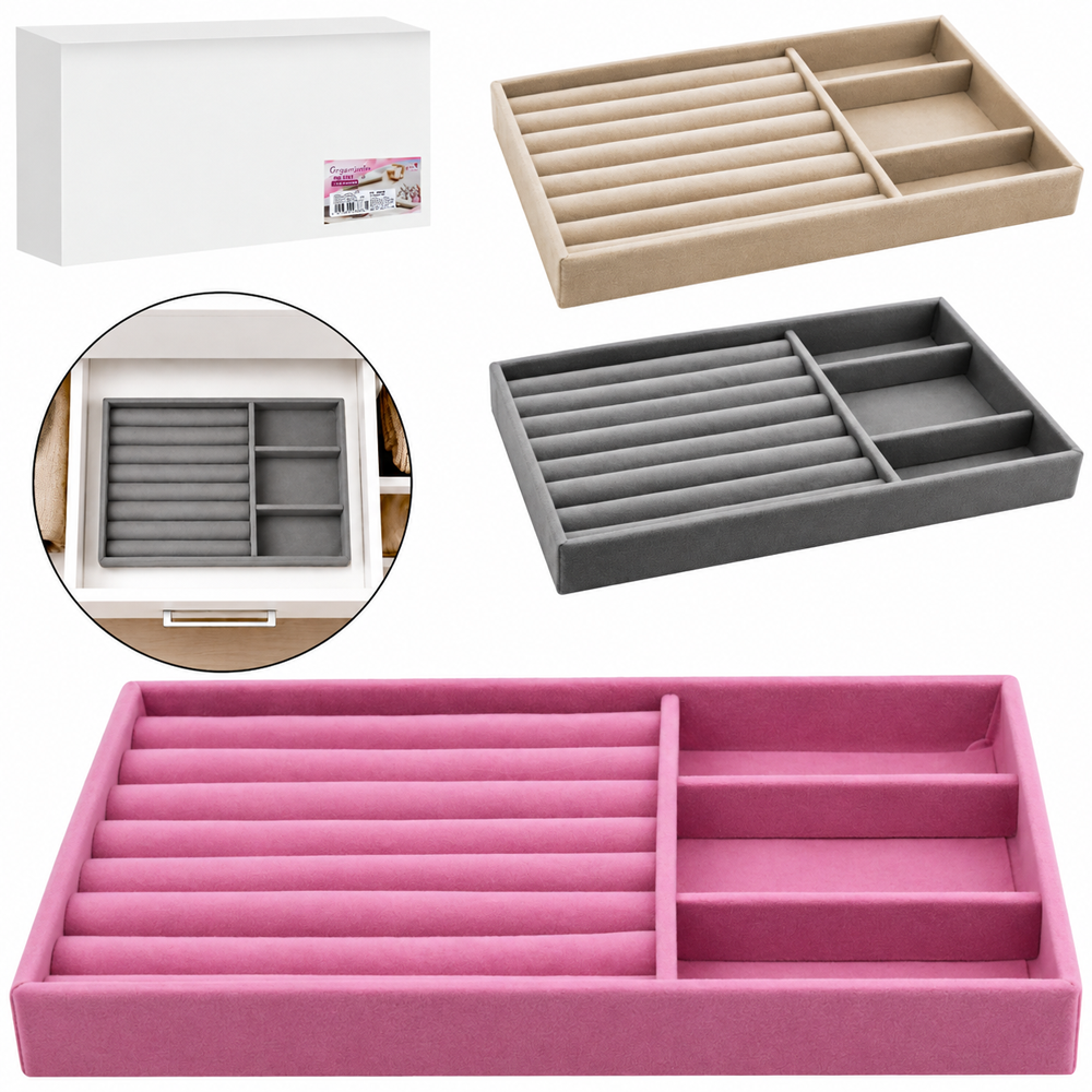 BANDEJA PORTA JOIAS DE POLIESTER AVELUDADO RETANGULAR COM 3 DIVISORIAS JOLYIN BEAUTY 21X12,5X2,5CM 