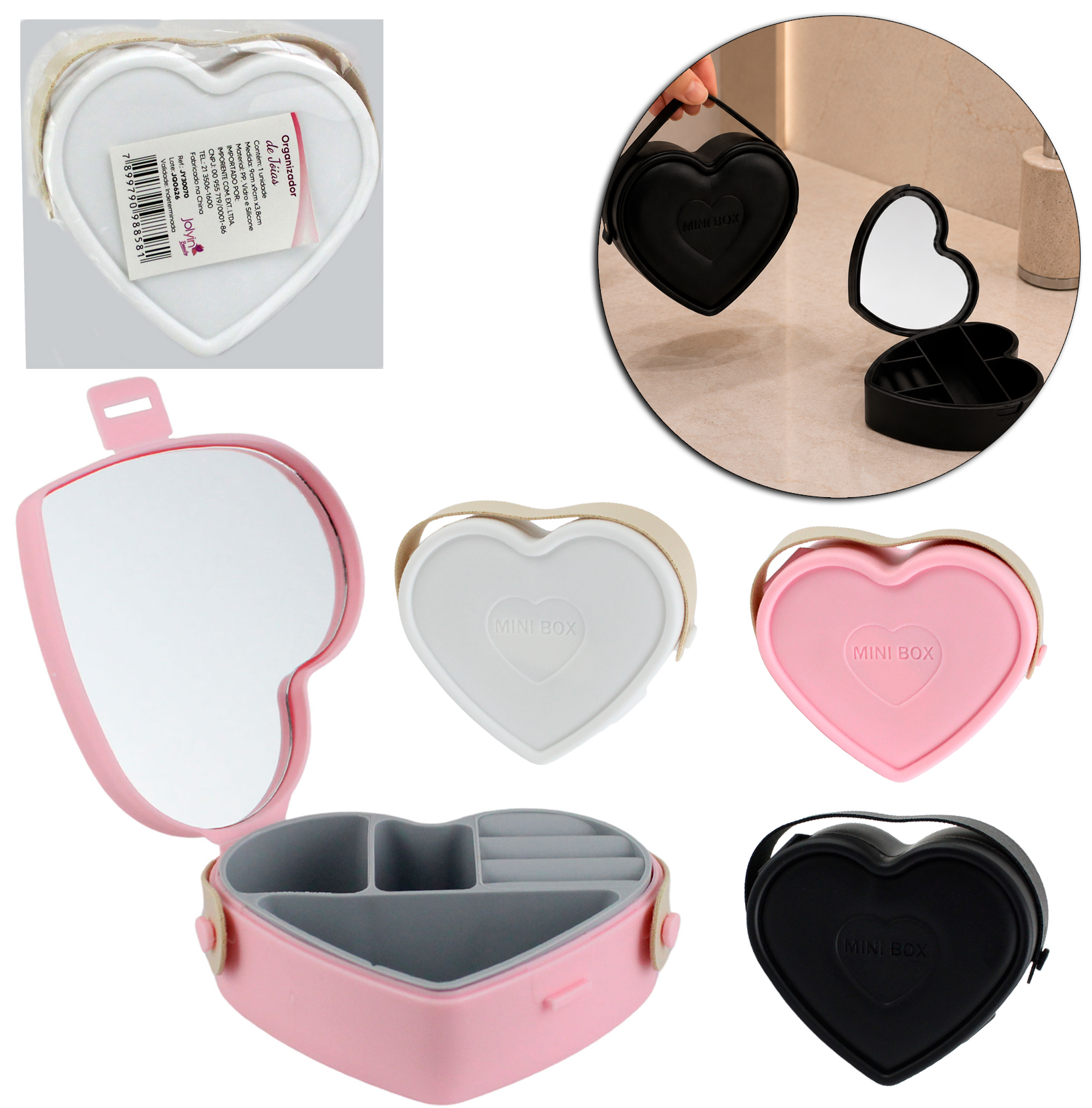 ESTOJO PORTA JOIAS PLASTICO / SILICONE CORACAO COM ESPELHO + 3 DIVISORIAS E ALCA JOLYIN BEAUTY 9X9X3,8CM
