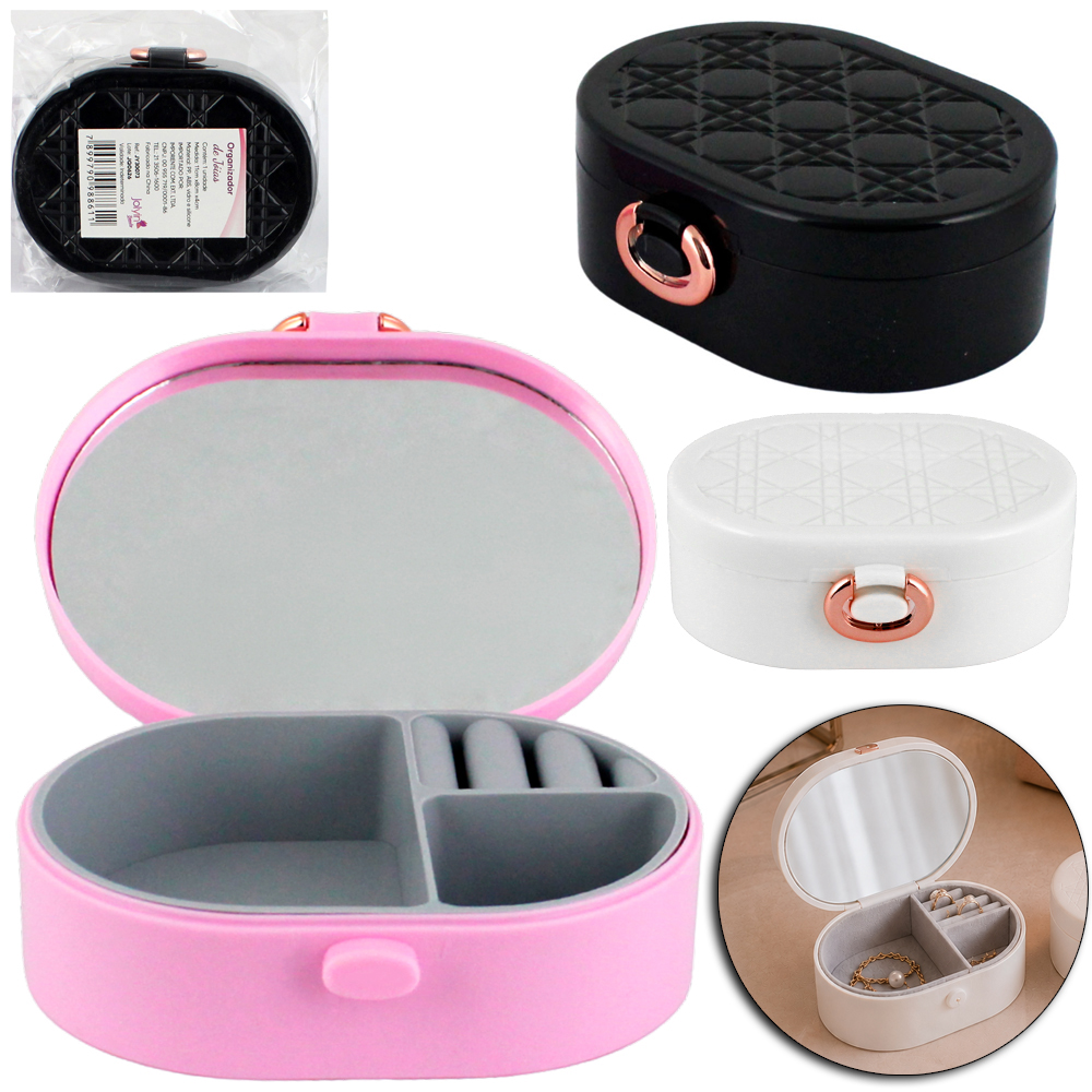 ESTOJO PORTA JOIAS DE PLASTICO / SILICONE OVAL COM ESPELHO + 2 DIVISORIAS JOLYIN BEAUTY 11X8X4CM