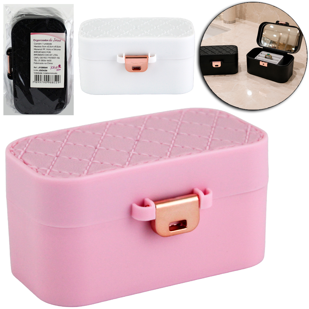 ESTOJO PORTA JOIAS PLASTICO / SILICONE RETANGULAR COM ESPELHO + DIVISORIA JOLYIN BEAUTY 9,5X5,5X5CM