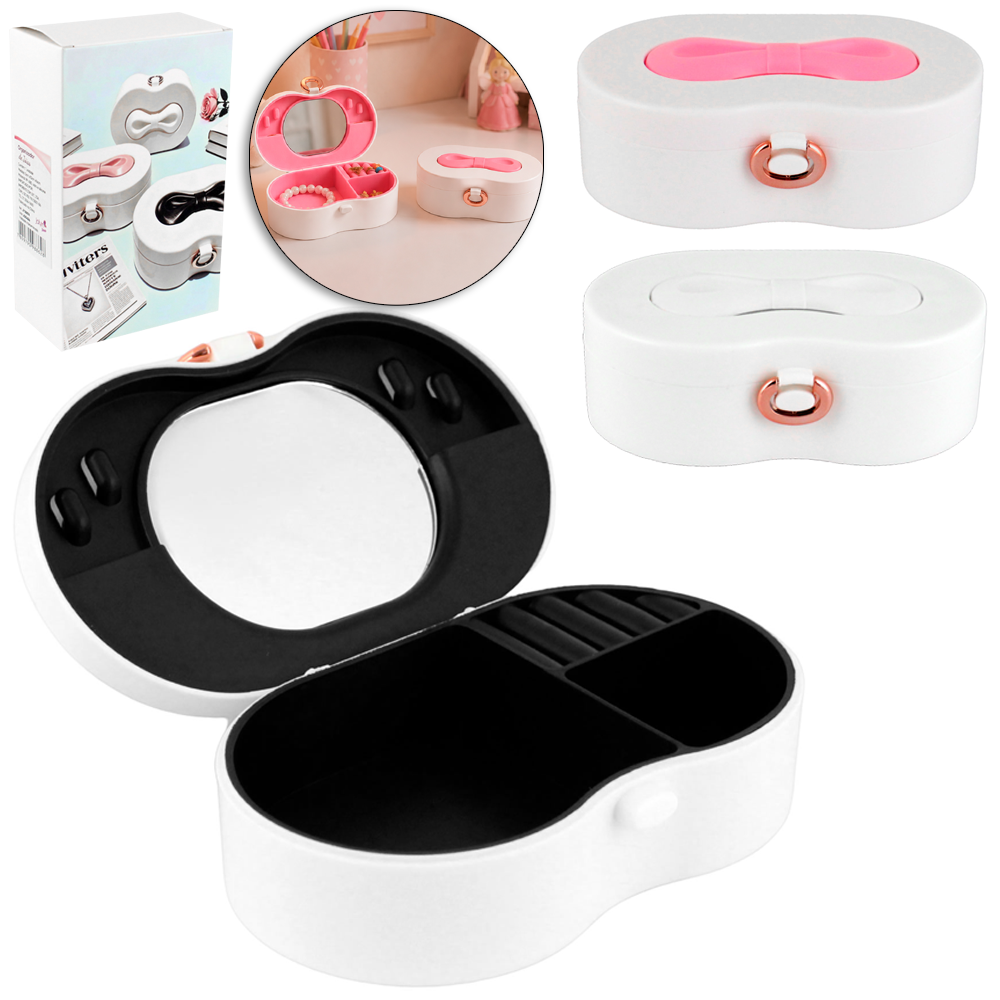ESTOJO PORTA JOIAS DE PLASTICO / SILICONE OVAL COM ESPELHO + 2 DIVISORIAS JOLYIN BEAUTY 16X10X5CM