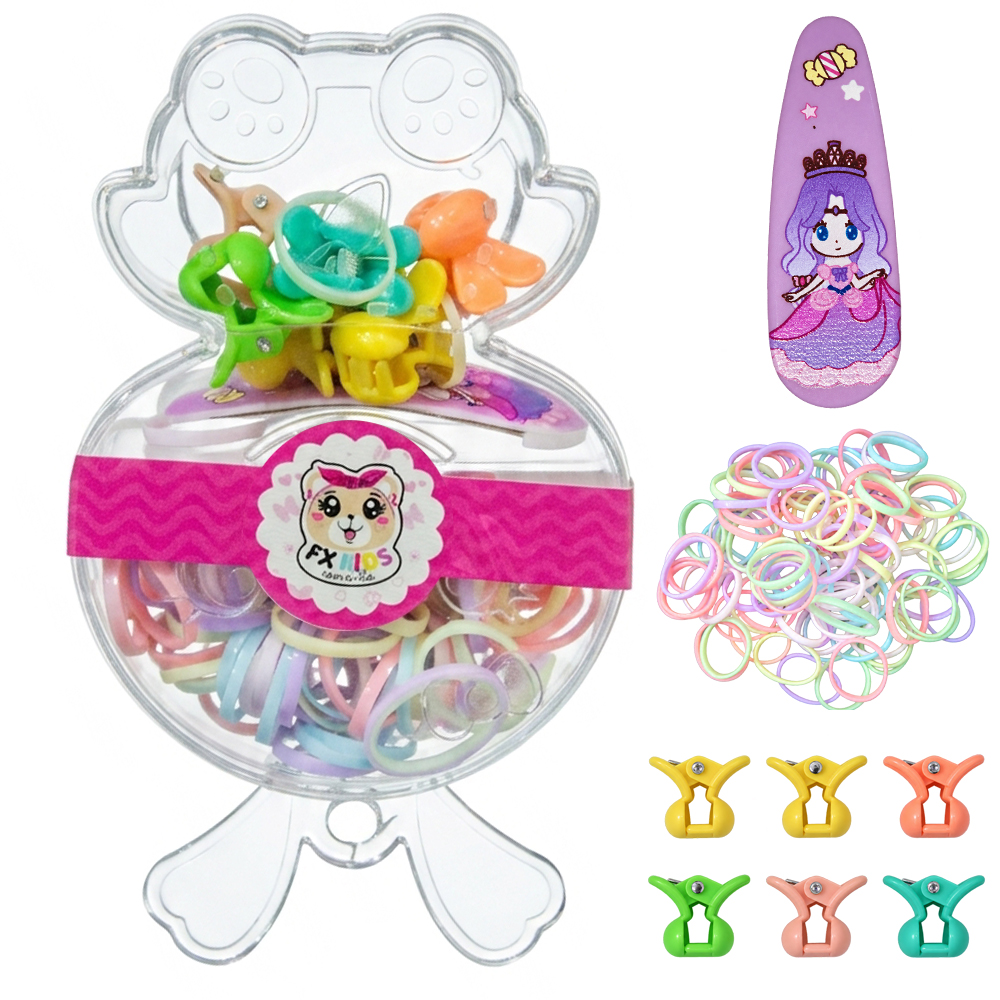 KIT ACESSORIOS PARA CABELO ELASTICO / RABICO + MINI PIRANHA NO ESTOJO 