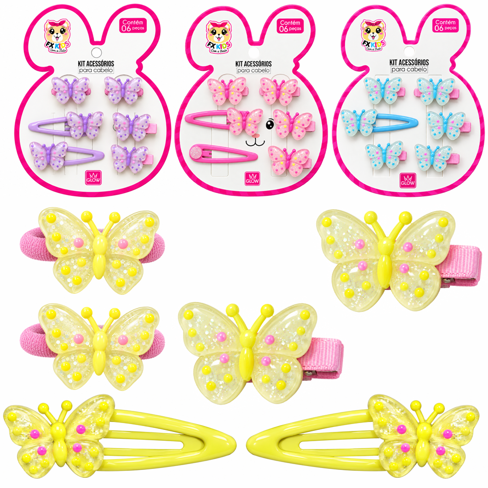 KIT ACESSORIOS PARA CABELO ELASTICO / RABICO + PRESILHA TIC TAC BORBOLETA GLOW 6 PECAS