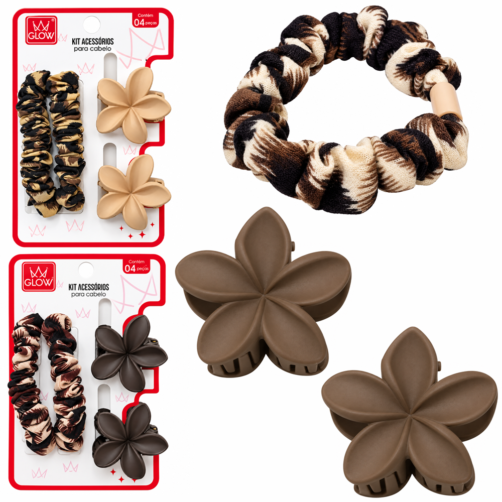 KIT ACESSORIOS PARA CABELO ELASTICO / RABICO + PIRANHA FLOR FOSCA GLOW COM 4 PECAS