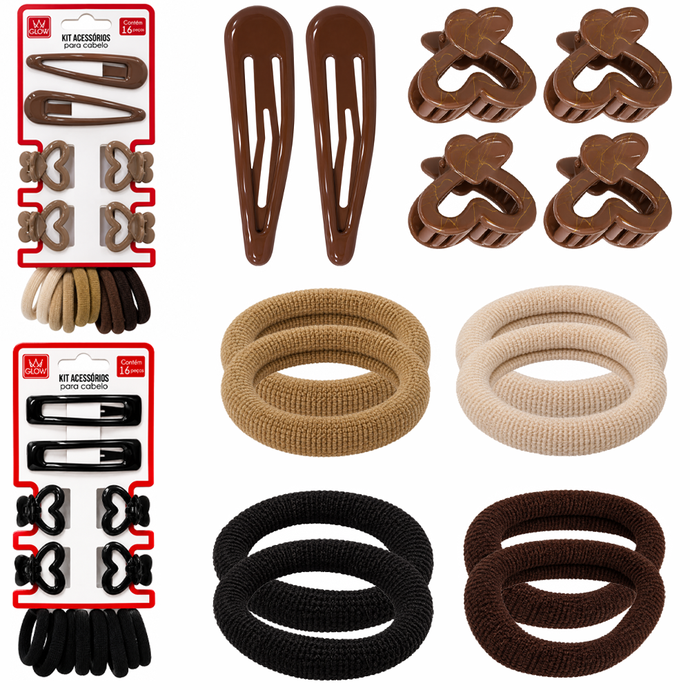 KIT ACESSORIOS PARA CABELO ELASTICO / RABICO + PRESILHA TIC TAC E MINI PIRANHA GLOW 16 PECAS